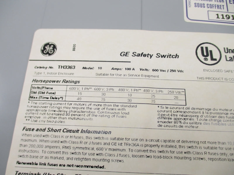 GENERAL ELECTRIC TH3363 600VAC 100A NSMP