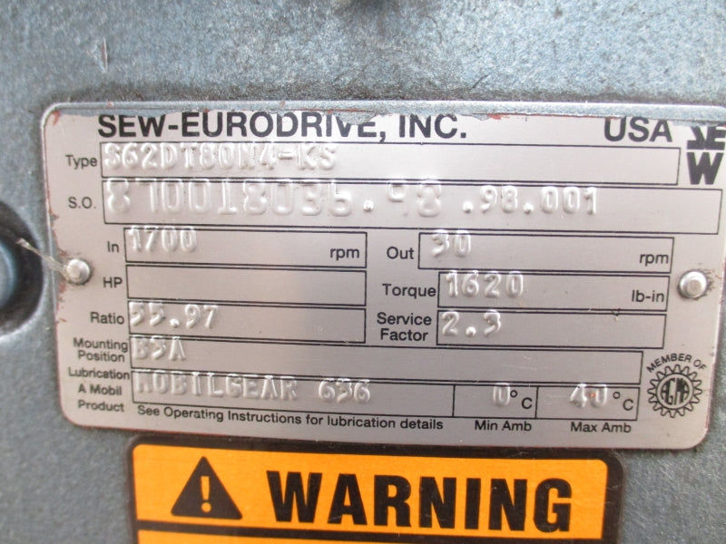 SEW EURODRIVE S62DT80M4-KS 1700RPM UNMP