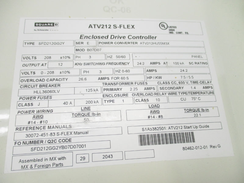SQUARE D SFD212GG2YB07D07 SER. E 208V 24.2A NSNP