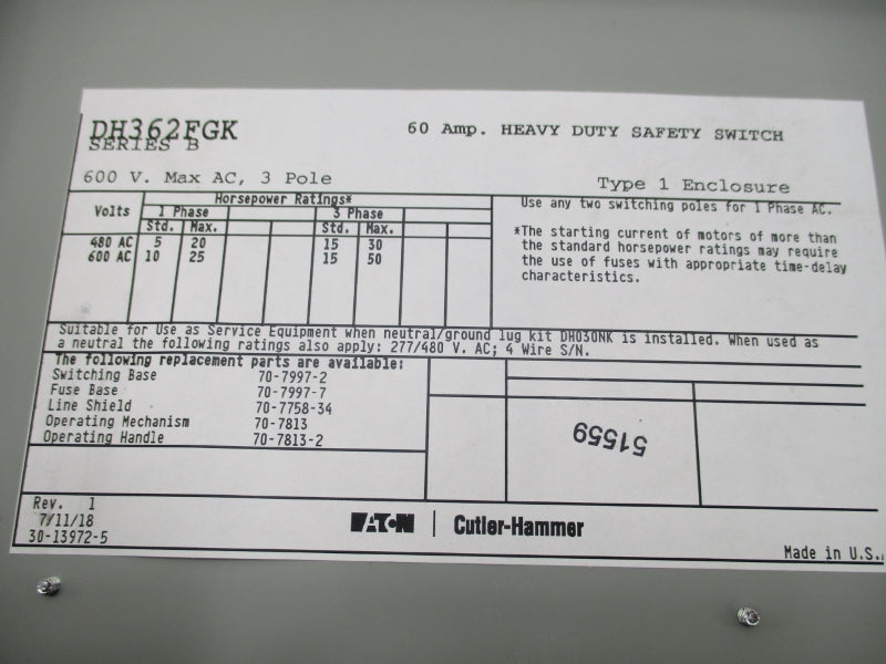EATON DH362FGK SER. B 600V 60A (AS PICTURED) NSMP