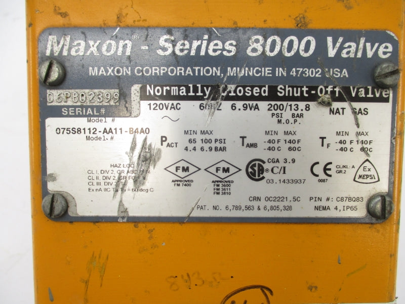 MAXON 075S8112-AA11-B4A0 120VAC 65-100PSI UNMP
