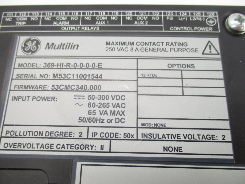 GENERAL ELECTRIC 369-HI-R-0-0-0-0-E F/W 53CMC340.000 60-265VAC UNMP