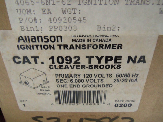 CLEAVER BROOKS 1092-NA IGNITION TRANSFORMER *NEW IN BOX*