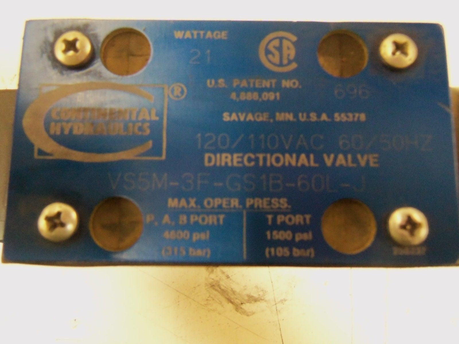 CONTINENTAL HYDRAULICS DIRECTIONAL VALVE VS5M-3F-GS1B-60L-J *USED*