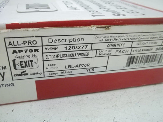 COOPER AP70R EXIT SIGN 120/277V (AS PICTURED) *NEW IN BOX*
