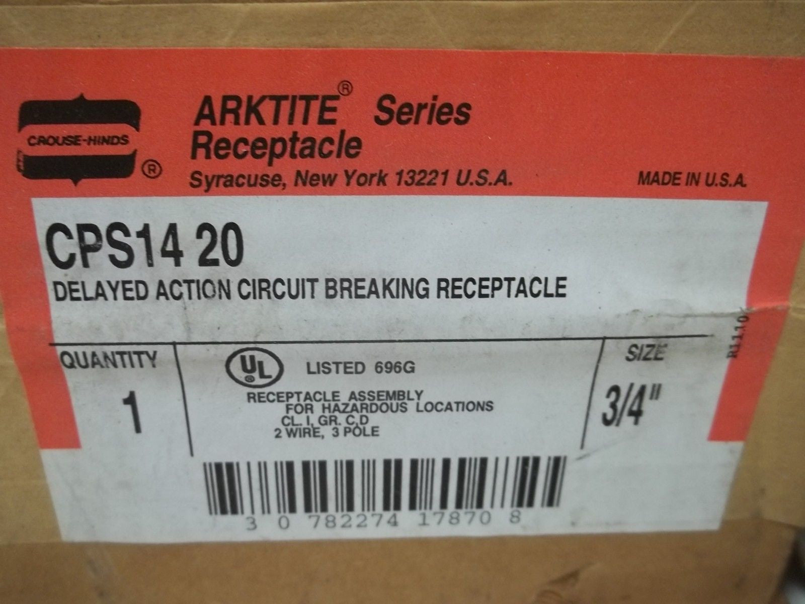 CROUSE-HINDS CPS1420 DELAYED ACTION CIRCUIT BREAKING RECEPTACLE *NEW IN BOX*
