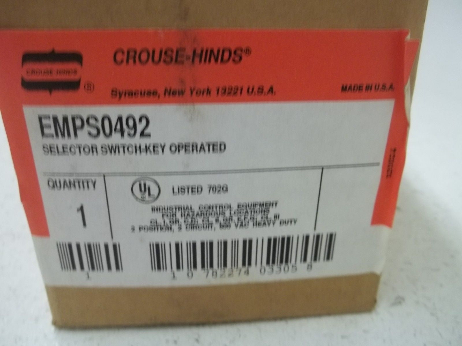 CROUSE-HINDS EMPS0492 SELECTOR SWITCH-KEY OPERATED *NEW IN BOX*