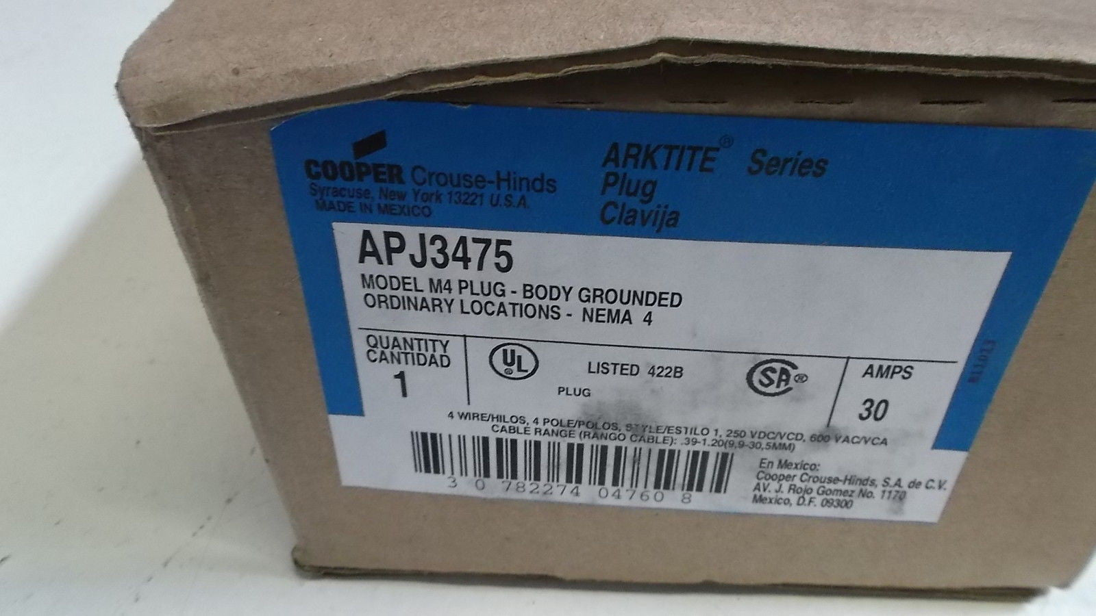 CROUSE-HINDS ARKTITE APJ3475 PLUG 30A 4W 4P *NEW IN BOX*