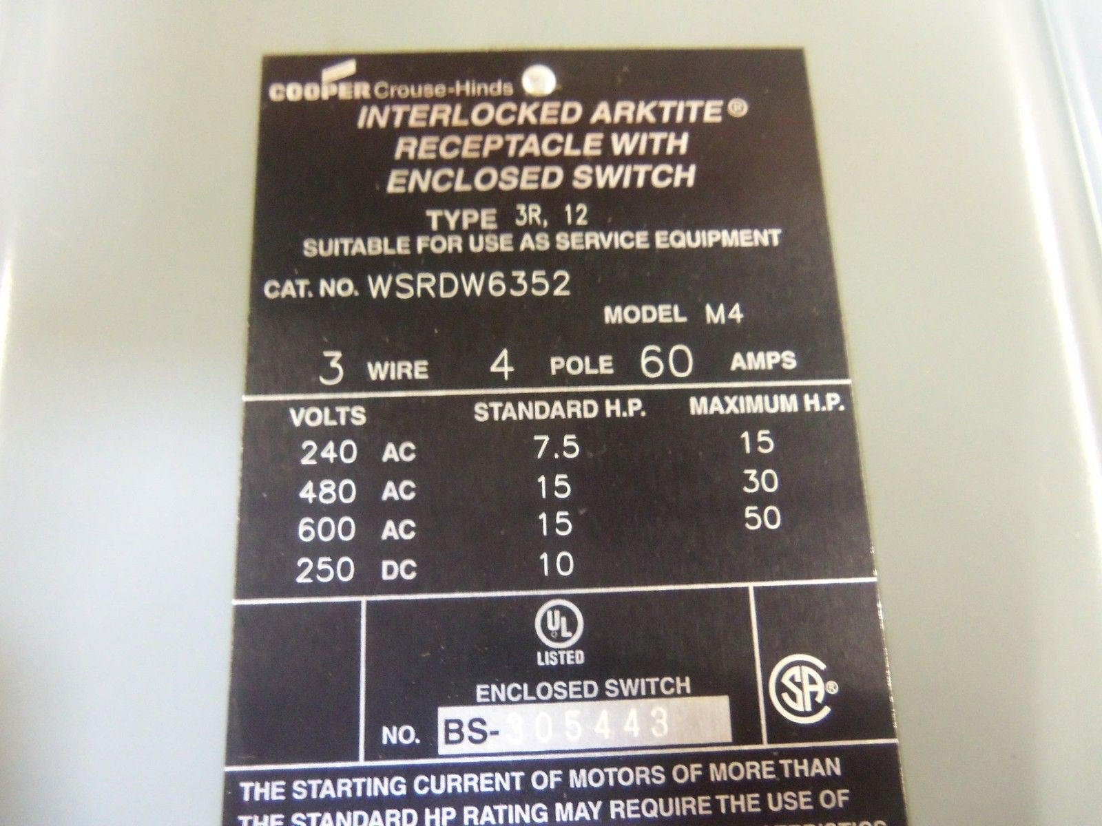 CROUSE-HINDS WSRDW6352 SAFETY DISCONNECT SWITCH *NEW NO BOX*