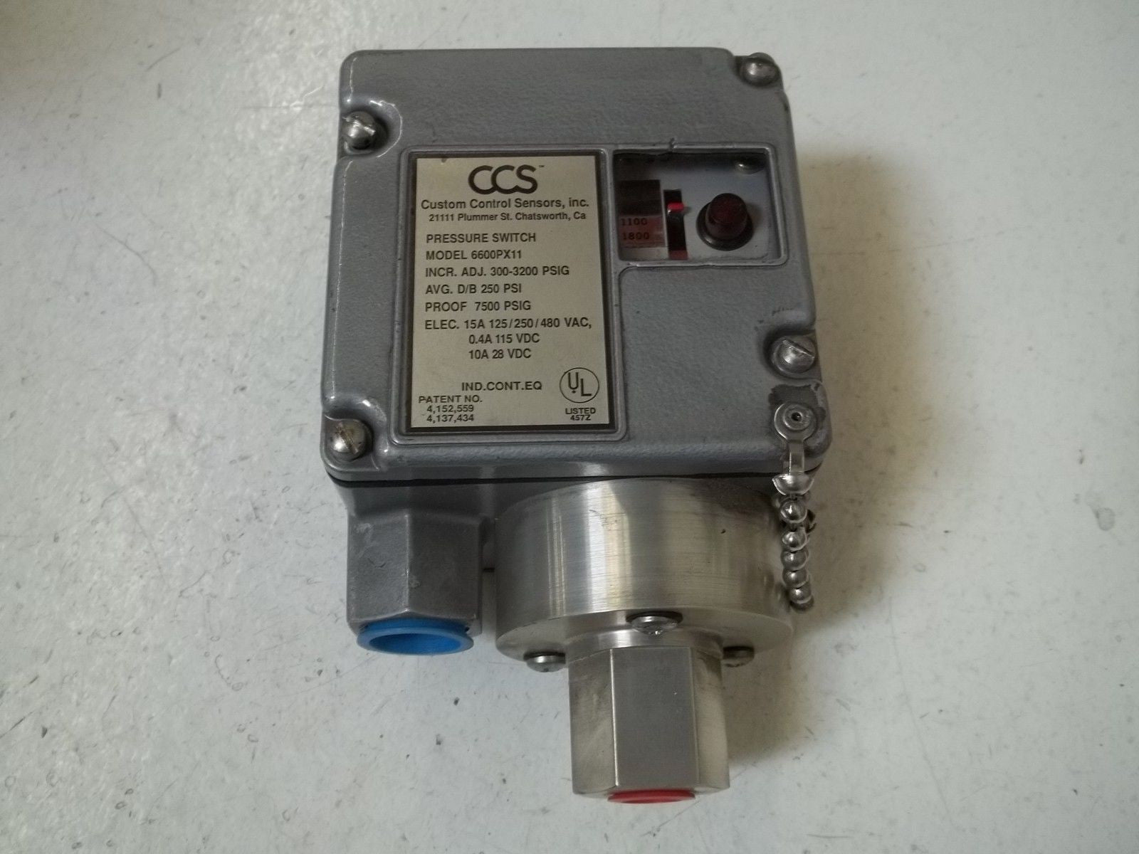CUSTOM CONTROL SENSORS, INC. 6600PX11 PRESSURE SWITCH *USED*