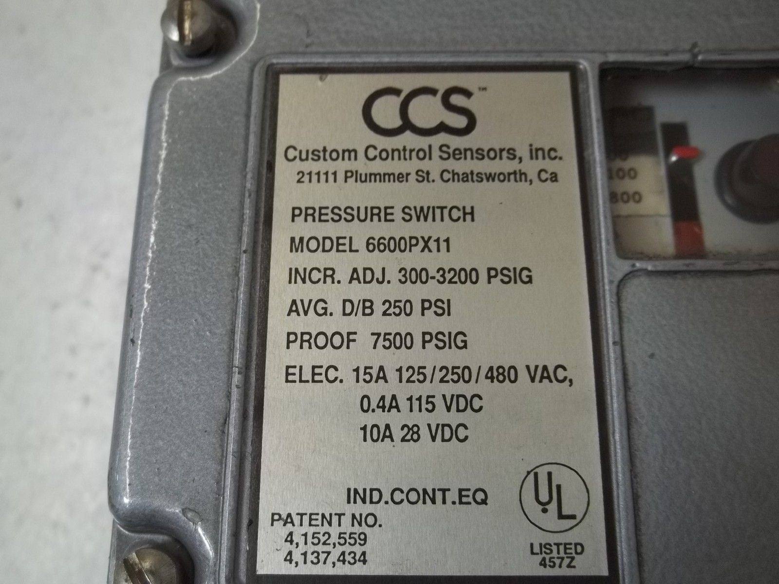 CUSTOM CONTROL SENSORS, INC. 6600PX11 PRESSURE SWITCH *USED*