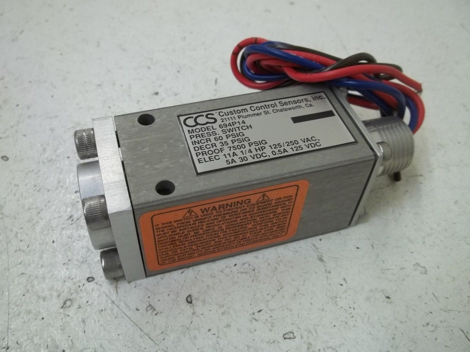 CUSTOM CONTROL SENSORS, INC. 694P14 PRESSURE SWITCH 60PSIG*NEW IN BOX*