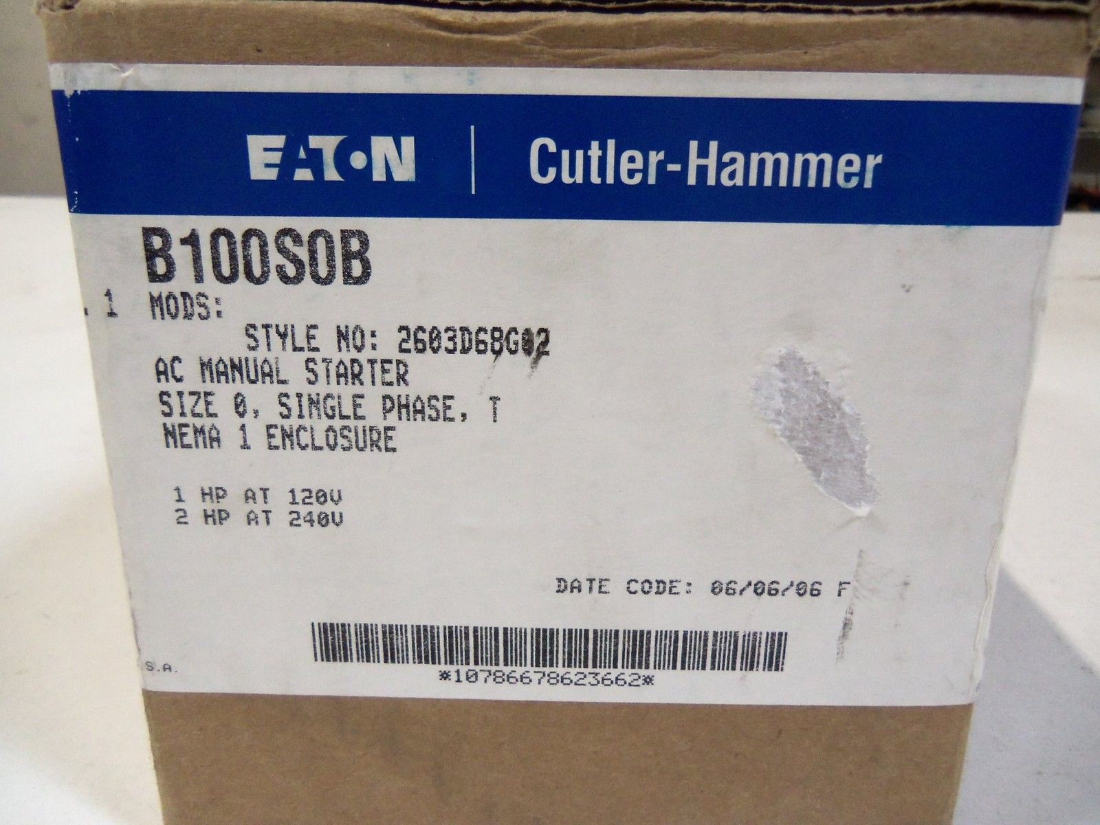 CUTLER HAMMER AC MANUAL STARTER B100S0B *NEW IN BOX*