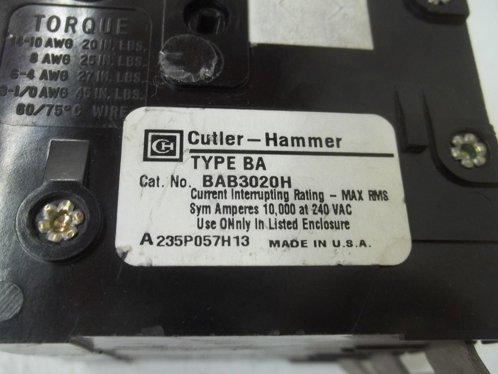 CUTLER HAMMER BAB32020H CIRCUIT BREAKER *USED*
