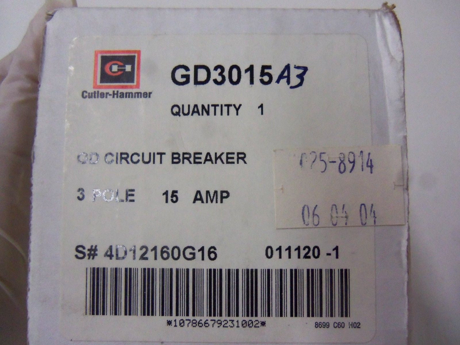 CUTLER HAMMER CIRCUIT BREAKER GD3015A3 *NEW IN BOX*