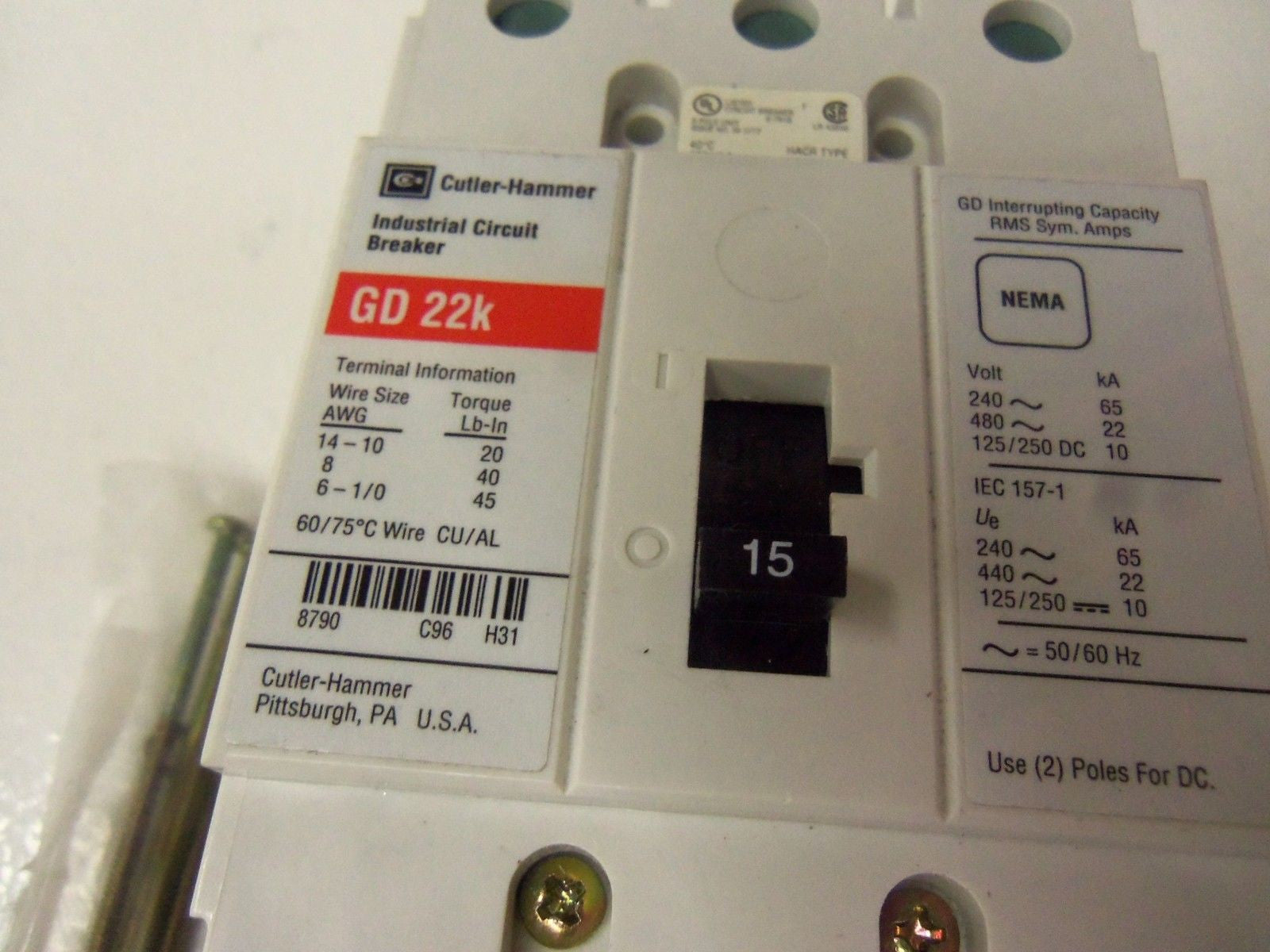 CUTLER HAMMER CIRCUIT BREAKER GD3015A3 *NEW IN BOX*