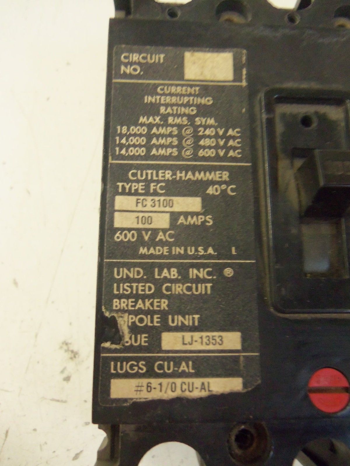 CUTLER HAMMER  CIRCUIT BREAKER FC3100 *USED*