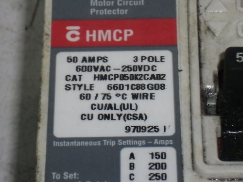 CUTLER HAMMER HMCP050K2CA02 CIRCUIT BREAKER 50A *USED*