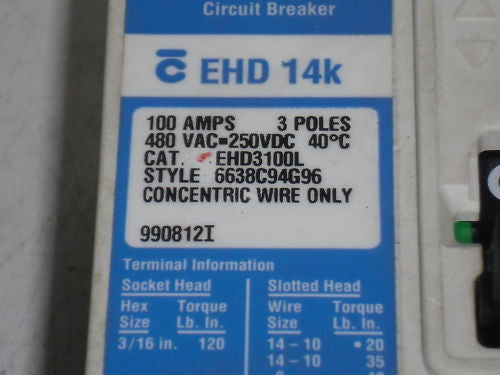 CUTLER HAMMER EHD3100L CIRCUIT BREAKER 100A *USED*
