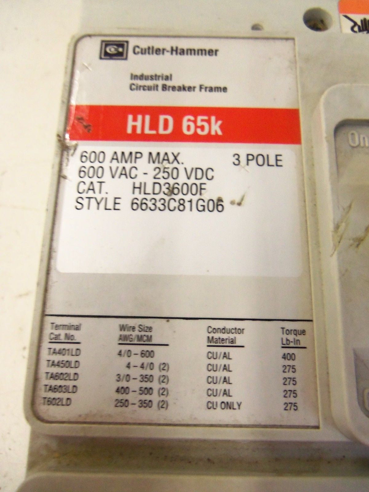 CUTLER HAMMER CIRCUIT BREAKER  HLD3600 *USED*