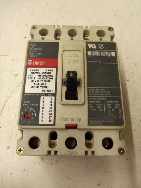 CUTLER HAMMER HMCP003A0C CIRCUIT BREAKER 3A * USED *