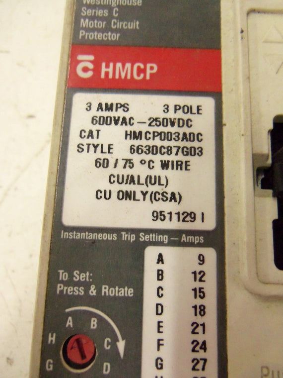 CUTLER HAMMER HMCP003A0C CIRCUIT BREAKER 3A * USED *