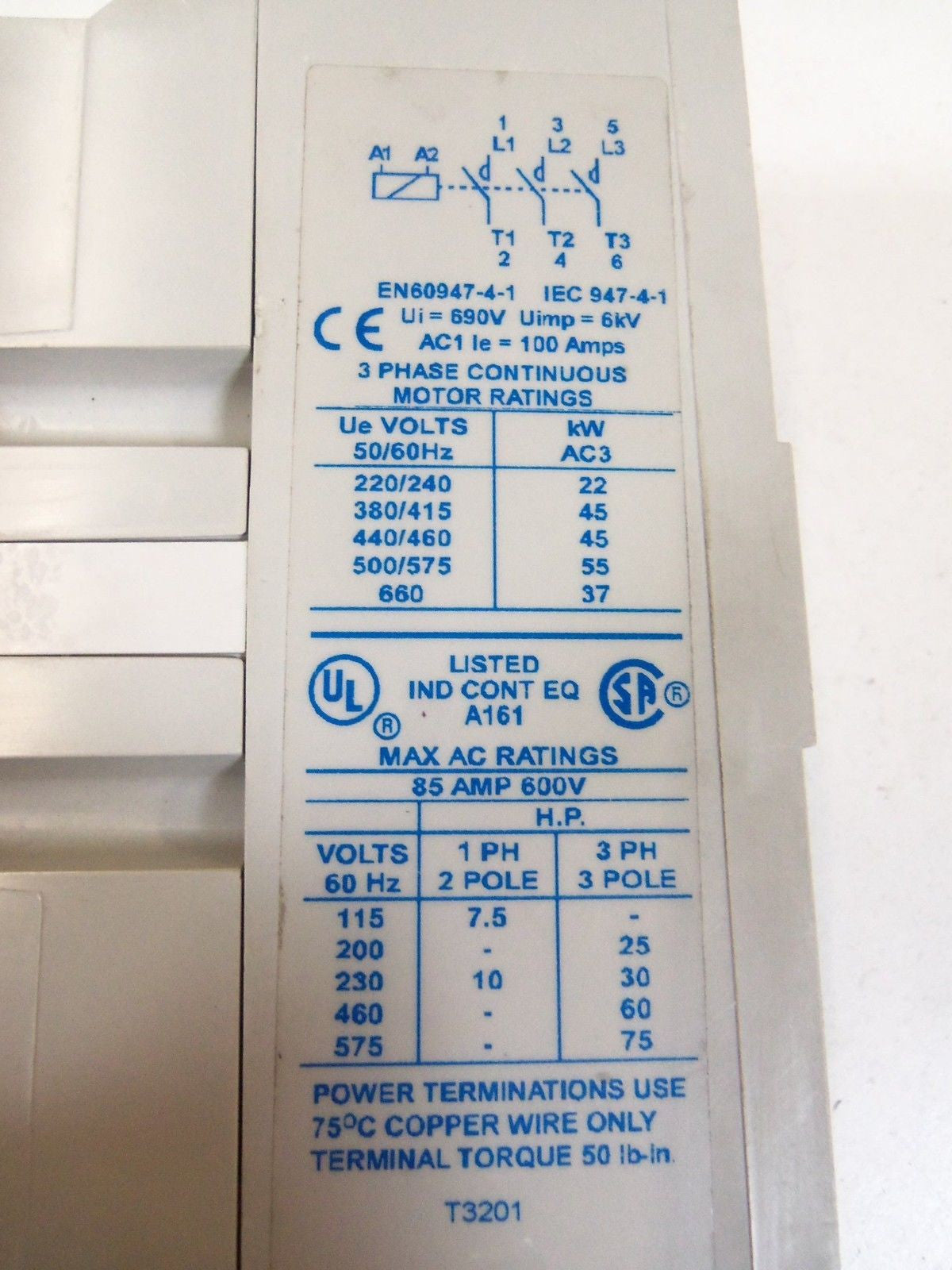 CUTLER HAMMER CONTACT STARTER KIT 3 POLE SERIES A1 CE15LN3 *USED*
