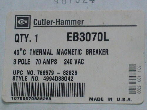 CUTLER HAMMER EB3070L CIRCUIT BREAKER 70A *NEW IN BOX*