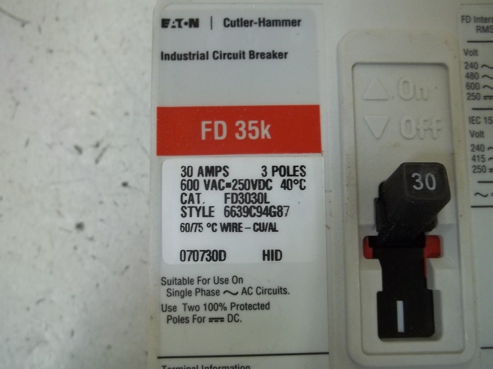CUTLER HAMMER FD3030L CIRCUIT BREAKER *NEW IN BOX*