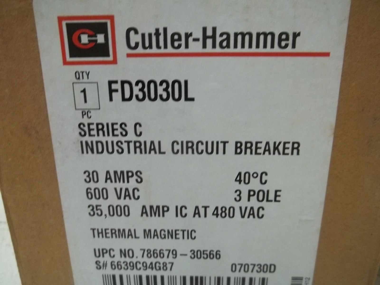 CUTLER HAMMER FD3030L CIRCUIT BREAKER *NEW IN BOX*