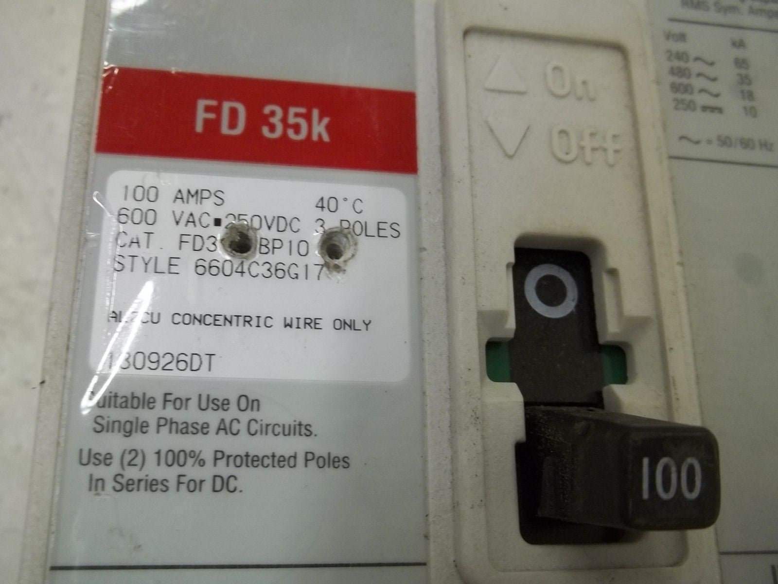 CUTLER HAMMER FD3100BP10 CIRCUIT BREAKER *USED*