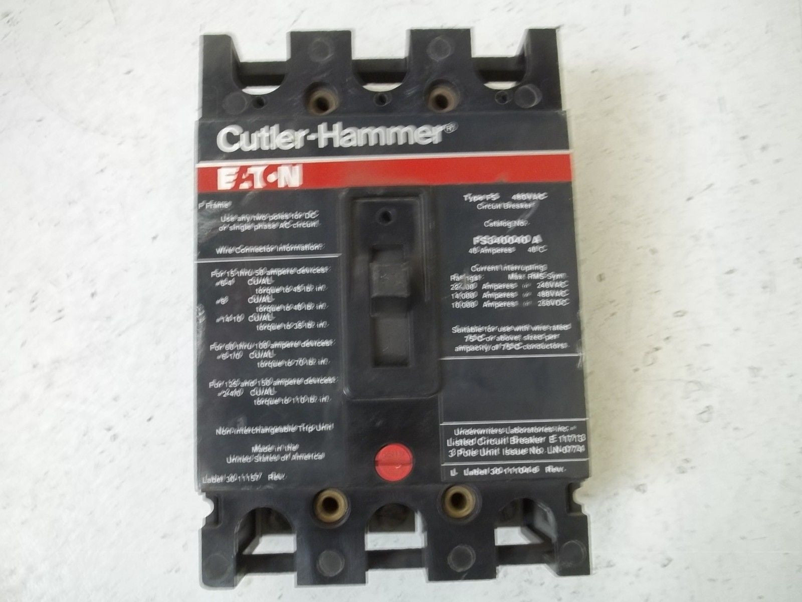 CUTLER-HAMMER FS340040A CIRCUIT BREAKER *USED*