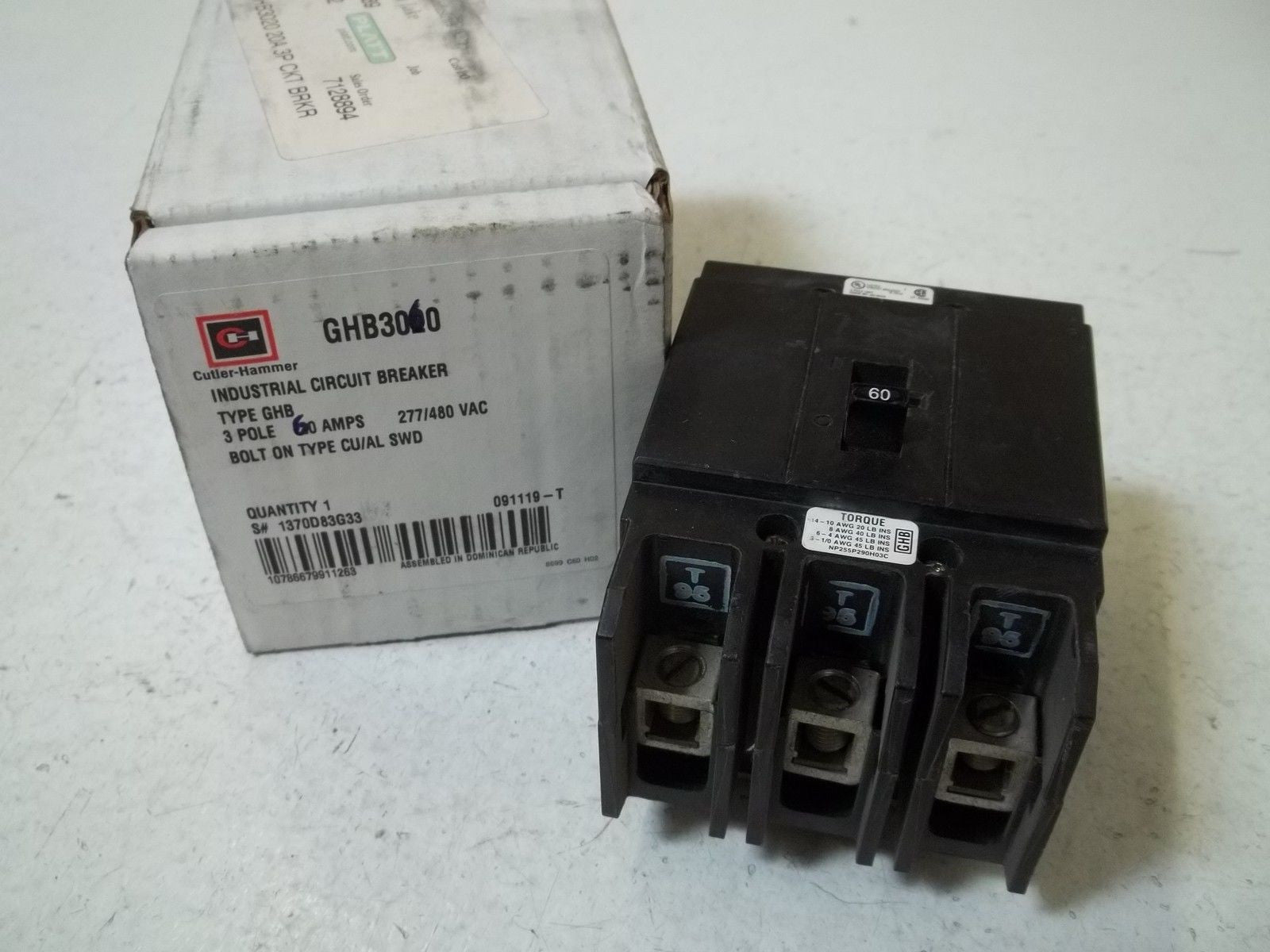 CUTLER HAMMER GHB3060 CIRCUIT BREAKER *USED*