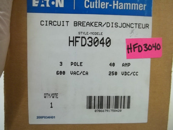 CUTLER HAMMER HFD3040 CIRCUIT BREAKER/ DISJOCTEUR *NEW IN BOX*