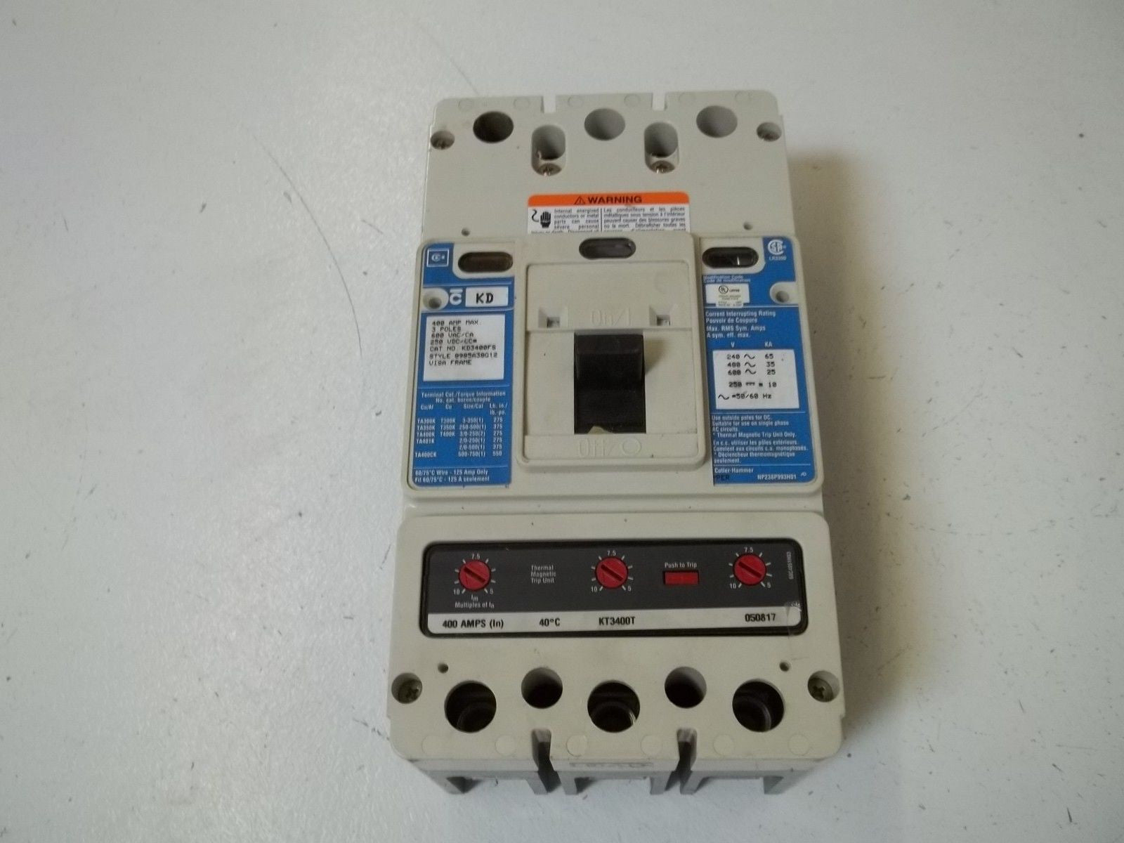 CUTLER HAMMER KD3400 CIRCUIT BREAKER 400A *USED*