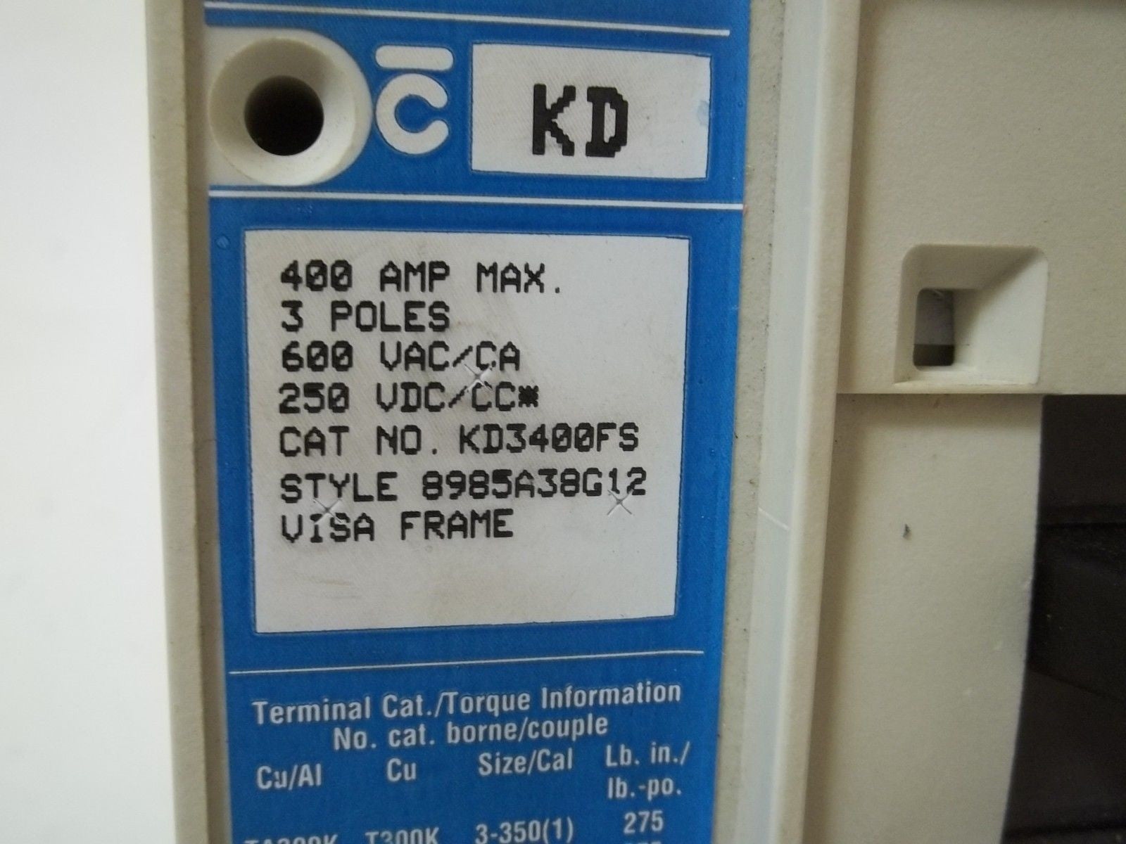 CUTLER HAMMER KD3400 CIRCUIT BREAKER 400A *USED*