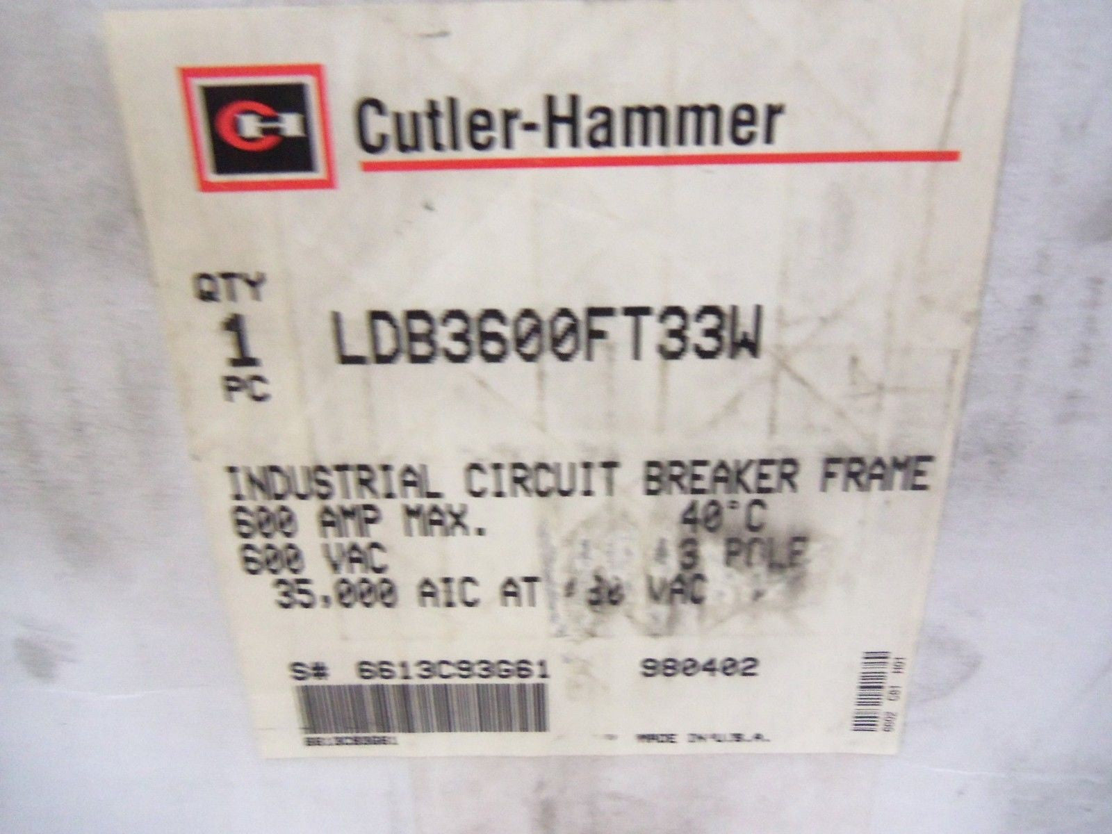 CUTLER HAMMER LBD3600FT33W CIRCUIT BREAKER *NEW IN BOX*