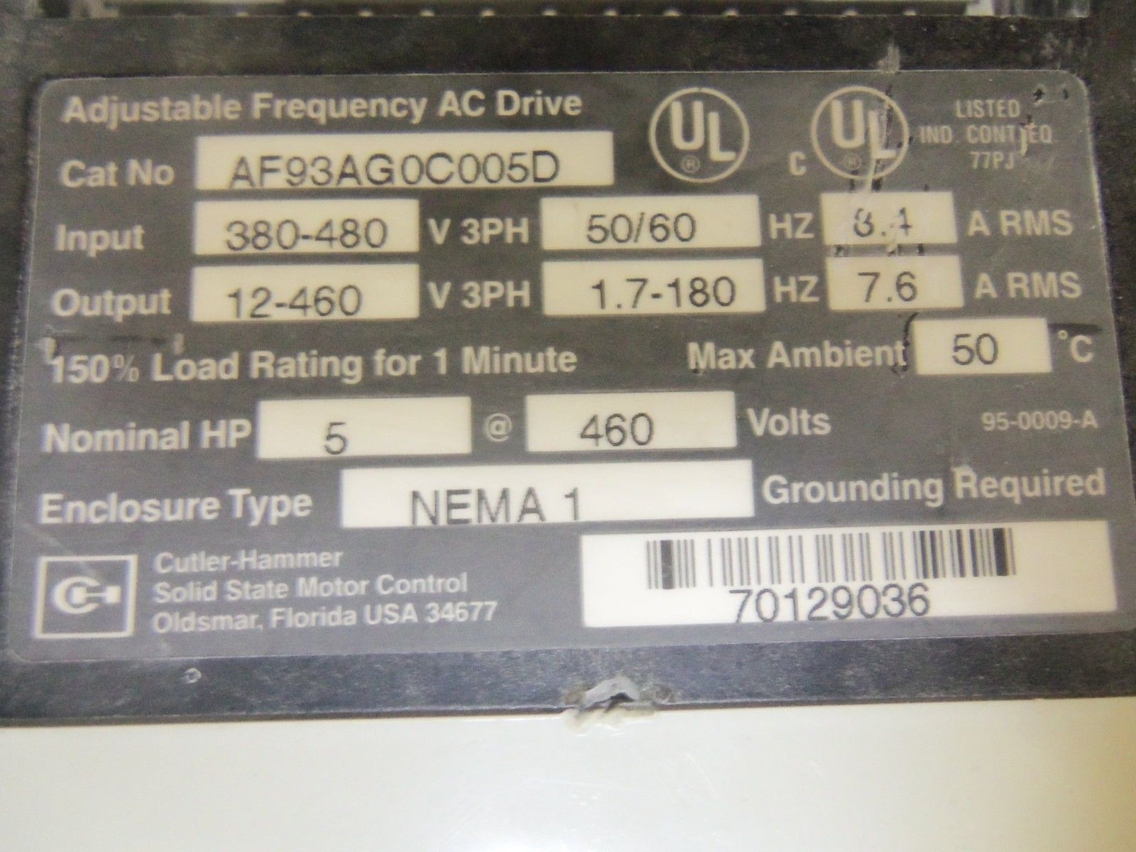 CUTLER HAMMER AF93AG0C005D ADJUSTABLE FREQUENCY AC DRIVE (AS PICTURED) *USED*