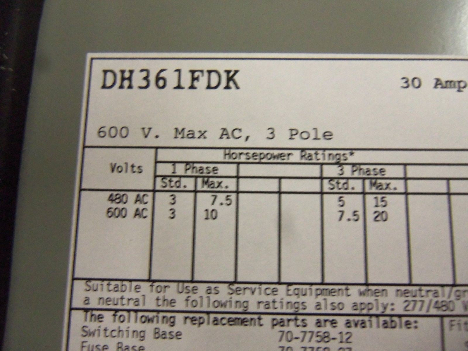 CUTLER HAMMER DH361FDK SAFETY SWITCH *NEW NO BOX*
