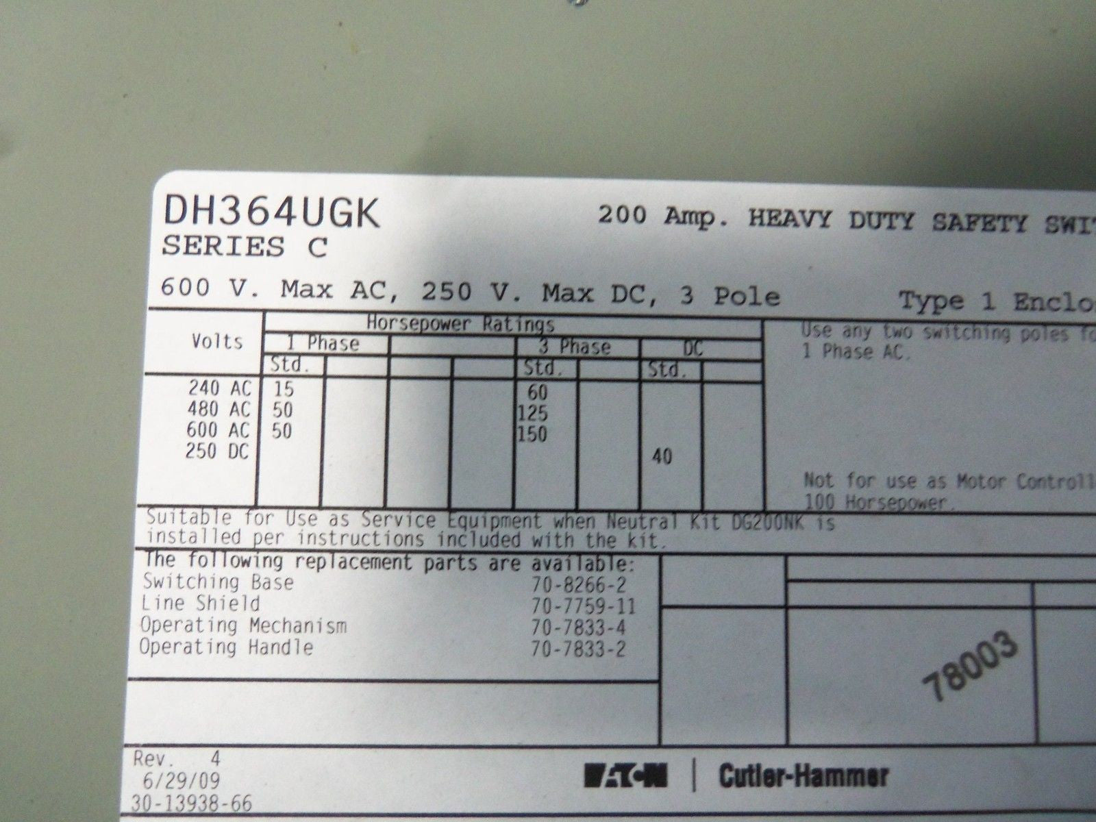 CUTLER HAMMER DH364UGK SAFETY SWITCH *NEW NO BOX*
