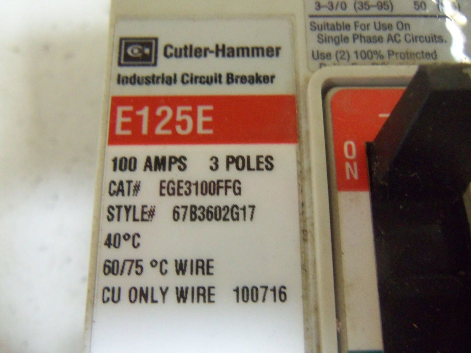 CUTLER HAMMER EGE3100FFG CIRCUIT BREAKER *USED*