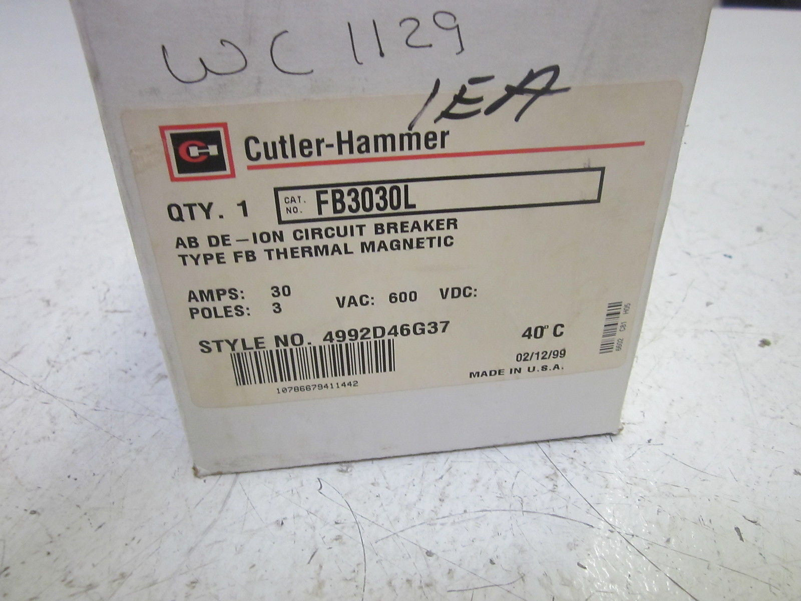 CUTLER HAMMER FB3030L CIRCUIT BREAKER 30A 3P 600V *NEW IN BOX*