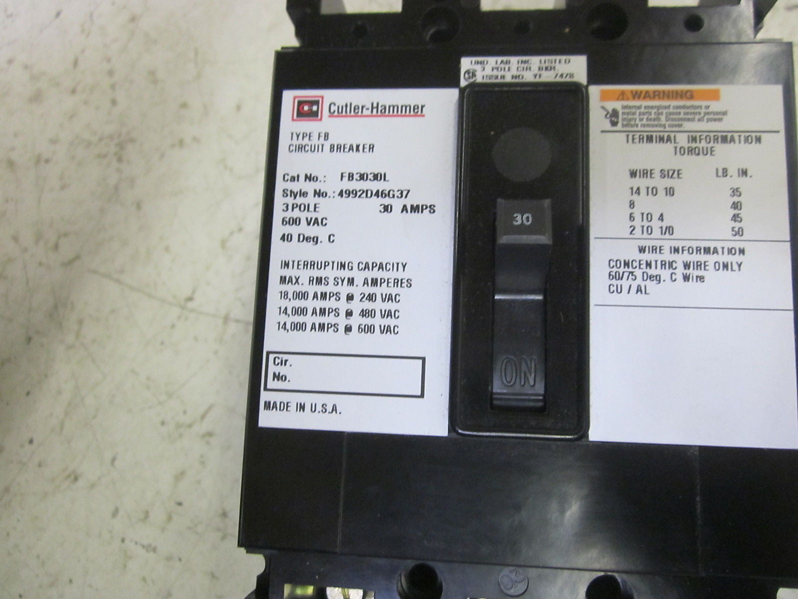 CUTLER HAMMER FB3030L CIRCUIT BREAKER 30A 3P 600V *NEW IN BOX*