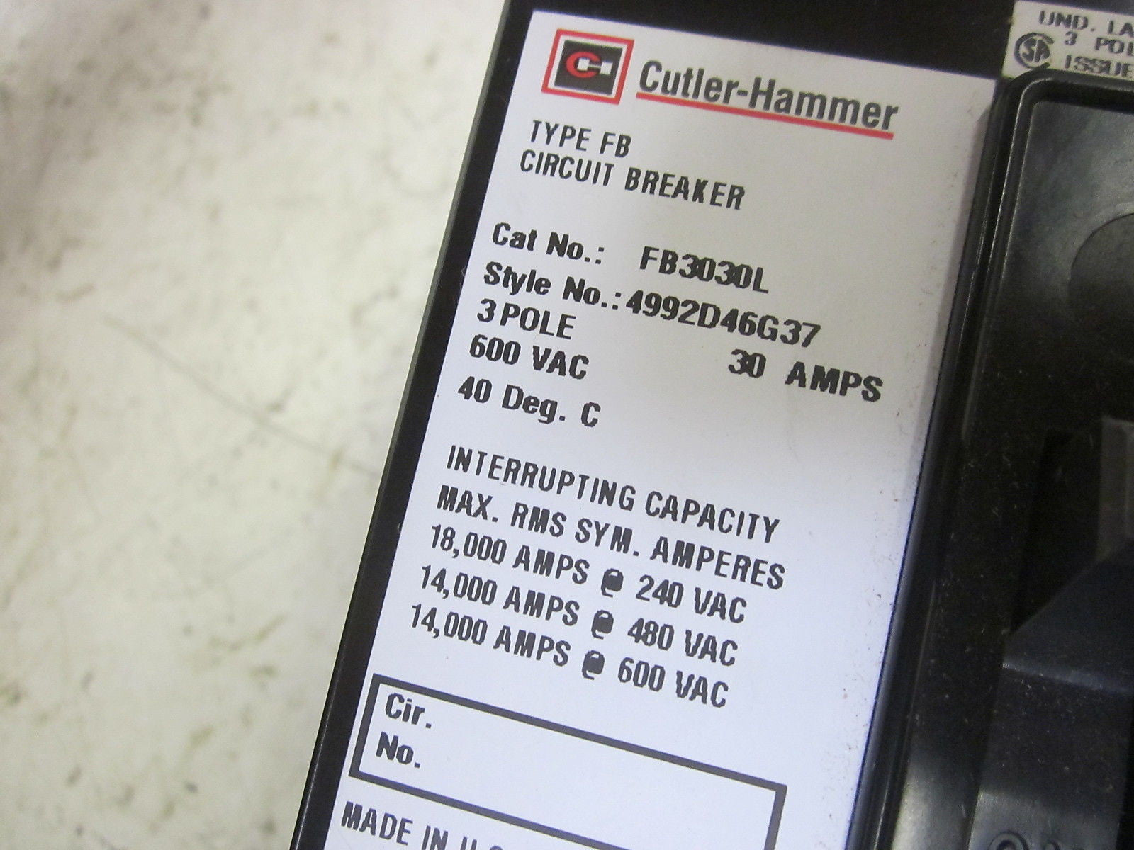 CUTLER HAMMER FB3030L CIRCUIT BREAKER 30A 3P 600V *NEW IN BOX*