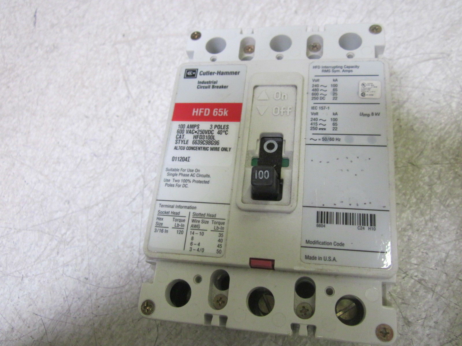 CUTLER HAMMER HFD3100L 600V CIRCUIT BREAKER *USED*