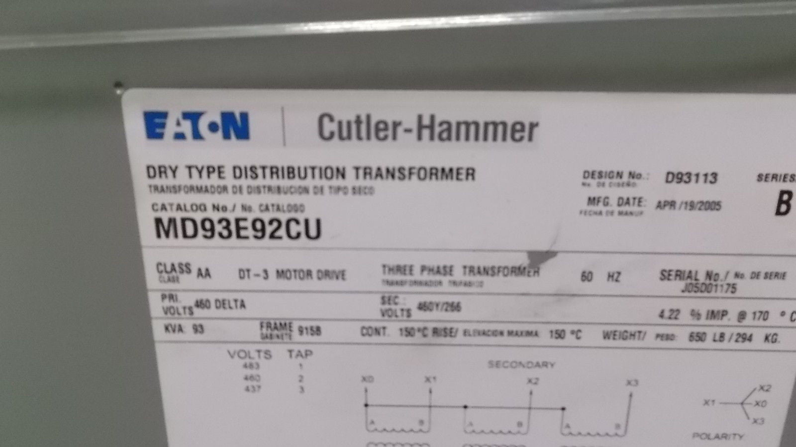 CUTLER HAMMER MD93E92CU TRANSFORMER *NEW NO BOX*