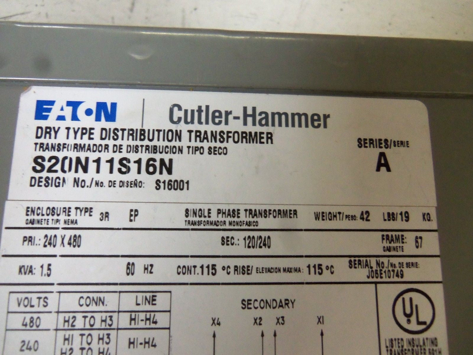 CUTLER HAMMER S20N11S16N TRANSFORMER *NEW NO BOX*