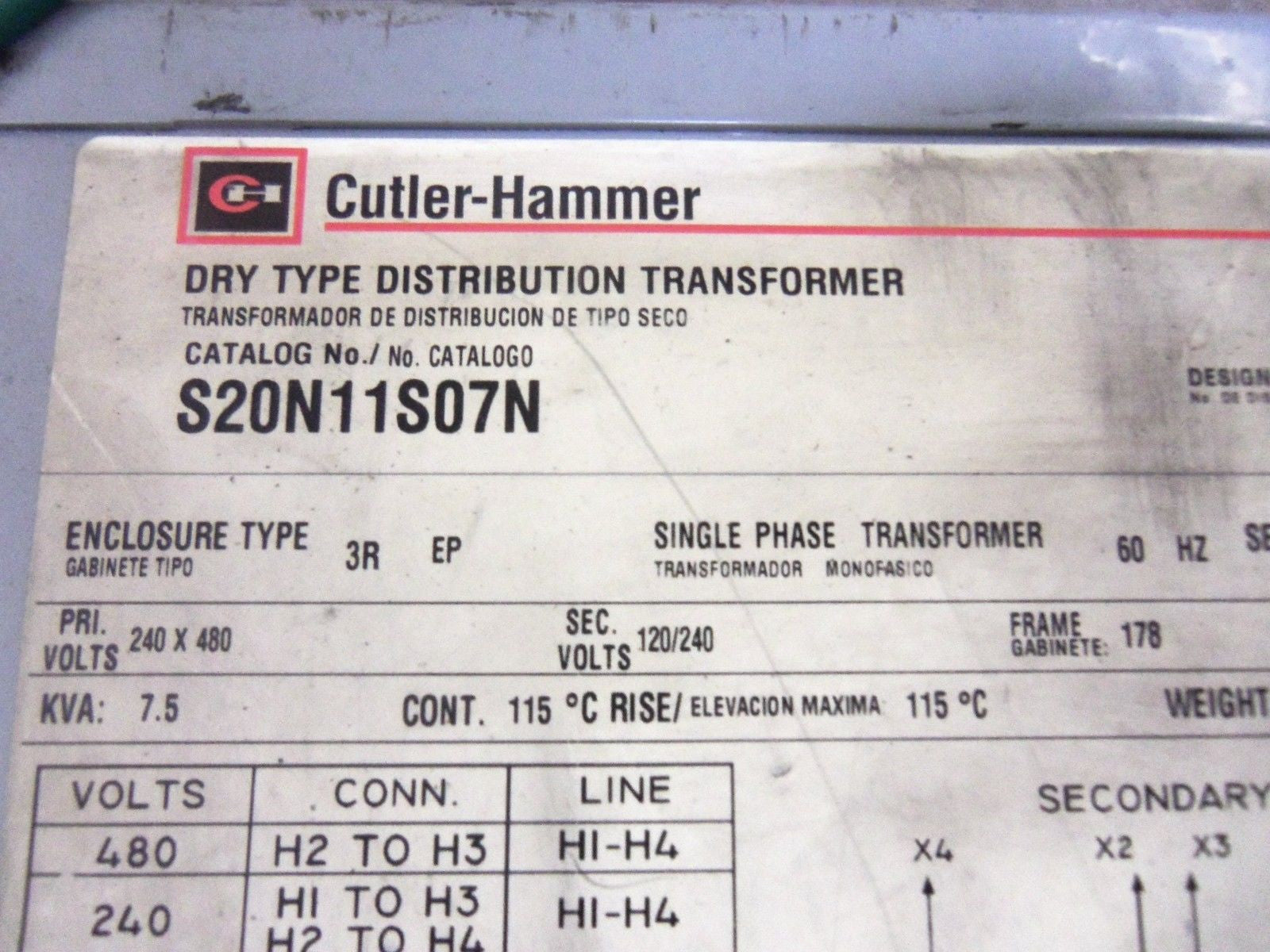 CUTLER-HAMMER S20N11S01N S07002 DRY TYPE TRANSFORMER 7.5 KVA *USED*