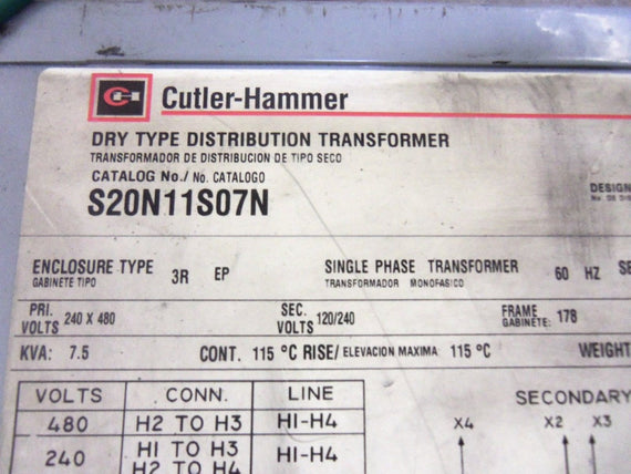 CUTLER-HAMMER S20N11S01N S07002 DRY TYPE TRANSFORMER 7.5 KVA *USED*