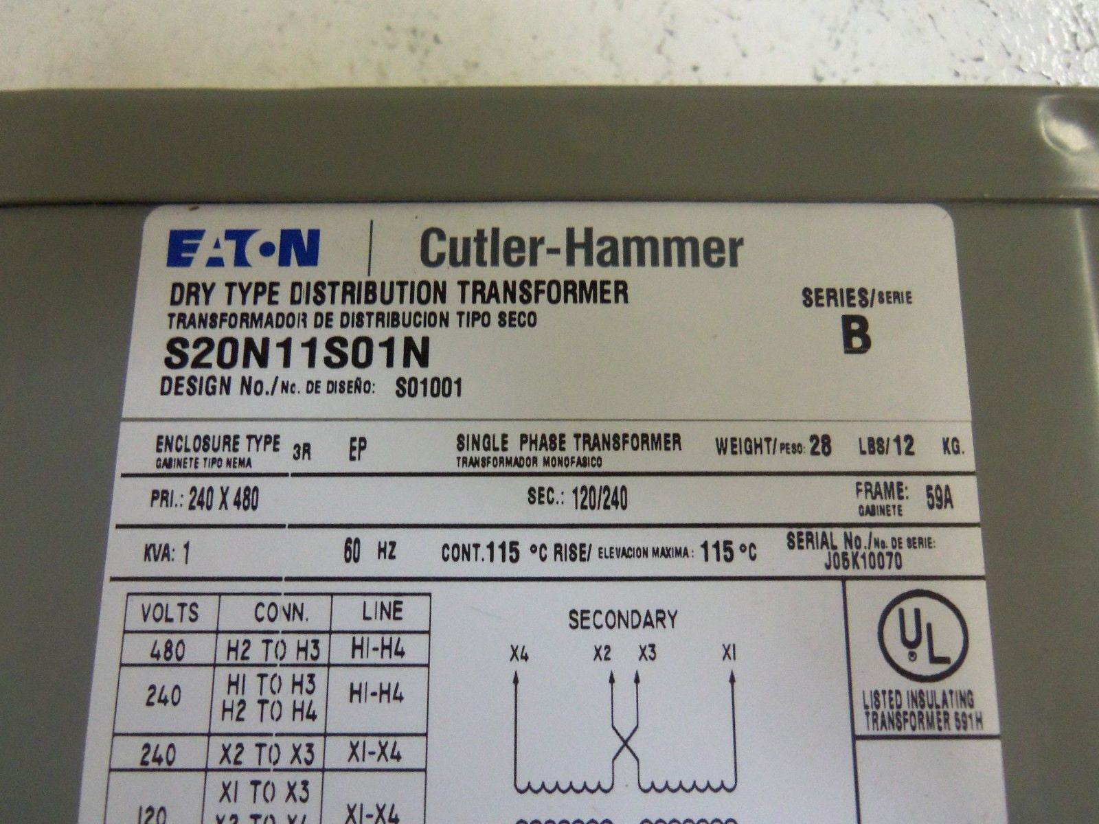 CUTLER HAMMER S20N11S01N S01001 DRY TYPE TRANSFORMER 1 KVA *NEW IN BOX*
